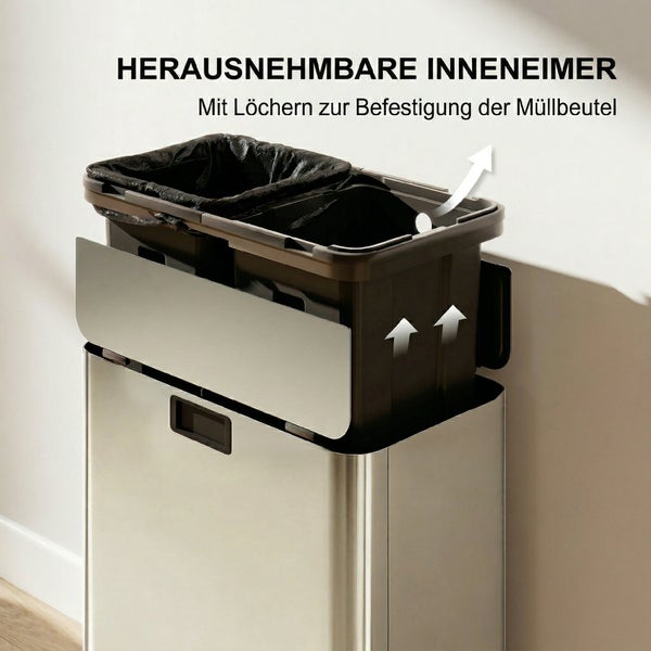Edelstahl Mülleimer mit zwei herausnehmbaren Inneneimern aus Kunststoff und Löchern zur Befestigung von Müllbeuteln.