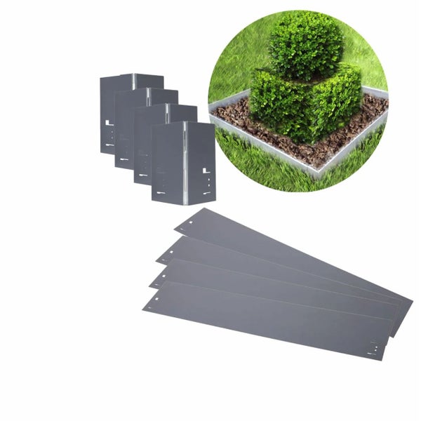 Set aus Metall Beetbegrenzungen und Eckverbindern für die Gartengestaltung zur Einfassung von Pflanzen.