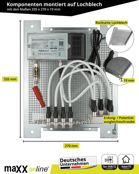 Komponenten montiert auf Lochblech 335 x 270 x 19 Millimeter mit Antennenverstärker, Erdungsschraube, Kabeln und Rückseite Lochblech.