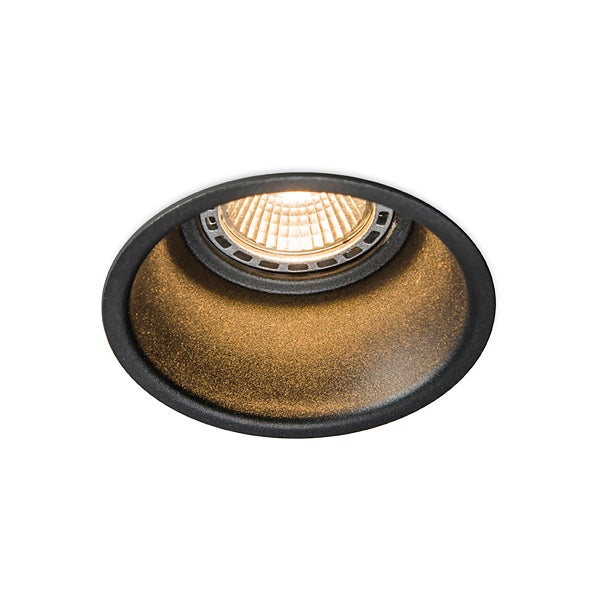 Runder LED Einbaustrahler mit schwarzem Außenring und goldfarbener, strukturierter Innenseite.