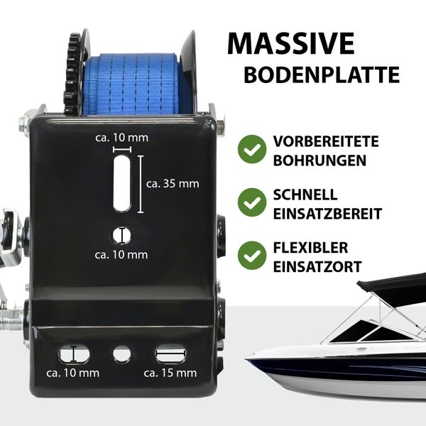 Bootswinde mit massiver Bodenplatte und vorbereiteten Bohrungen für flexiblen Einsatz