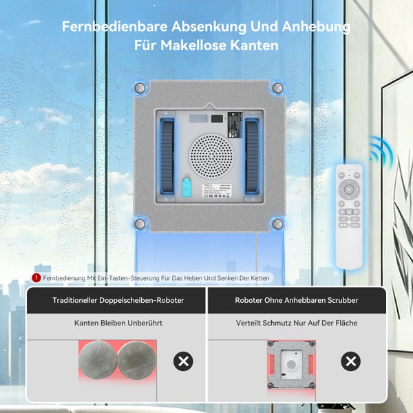 Fensterreinigungsroboter mit Fernbedienung und Hubfunktion für verbesserte Kantenreinigung im Vergleich zu Standardmodellen.