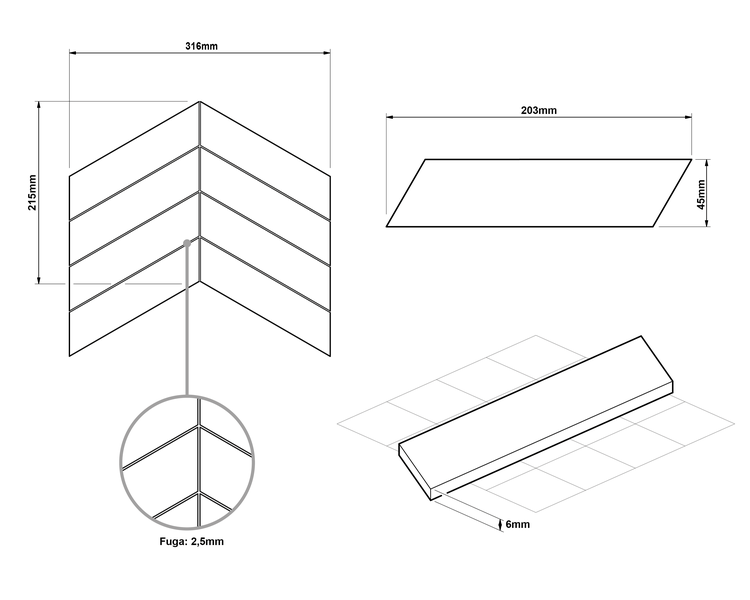 Technische Zeichnung Fliese im Chevron-Muster. Gesamt 316x215 Millimeter. Einzeln 203x45x6 Millimeter. Fugenbreite 2,5 Millimeter.