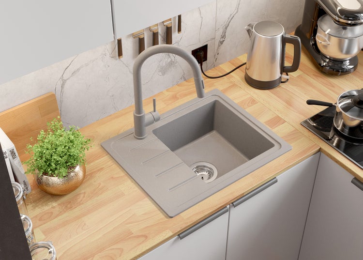 PRIMAGRAN Spülbecken Grau 55x44cm, Granitspüle 1 Becken + Ablauf-Set, Küchenspüle ab 45er Unterschrank - Kopenhagen Easy