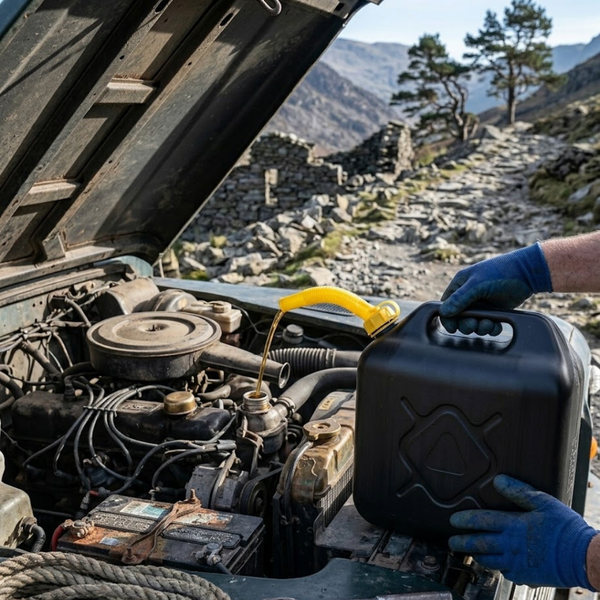 Eine Person füllt Öl in ein Auto mit geöffneter Motorhaube, während sie sich im Freien in der Nähe eines Berges befindet. Ein schwarzer Ölkanister wird verwendet.