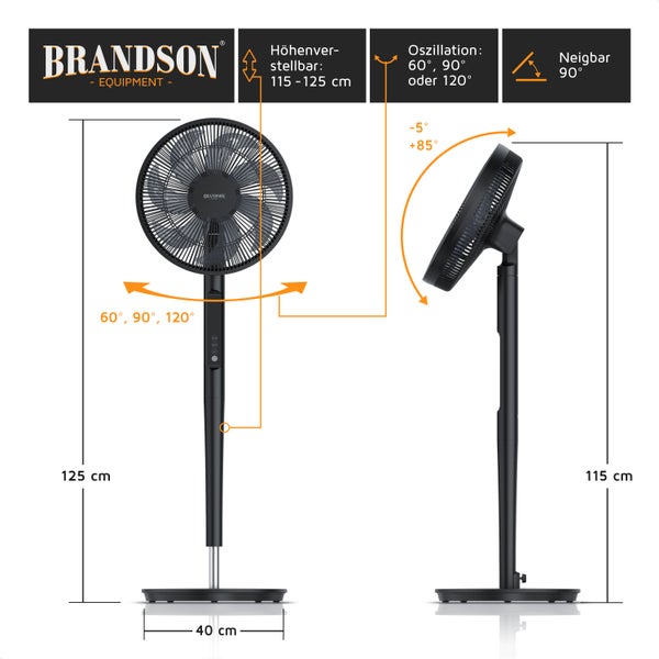 Brandson Standventilator mit DC-Motor, Ventilator mit Fernbedienung, sehr leise, energiesparend, 60°, 90° und 120° Oszillation, Timer