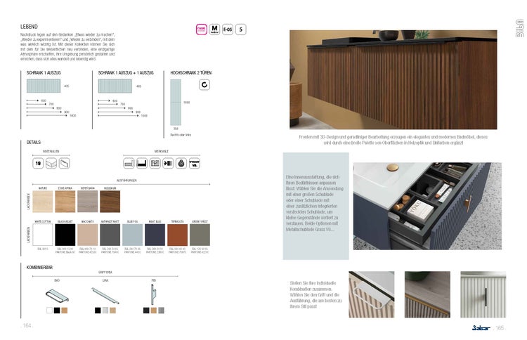 Katalogseite für das modulare Badmöbel-Sortiment Lebend von Salsar mit technischen Zeichnungen, Farbauswahl und lamellierten Fronten. Salsar Logo.