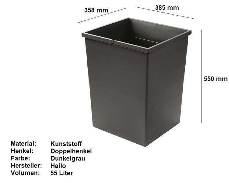 Dunkelgrauer Abfalleimer aus Kunststoff von Hailo, 55 Liter, Maße 358 mal 385 mal 550 Millimeter, mit Doppelhenkel.