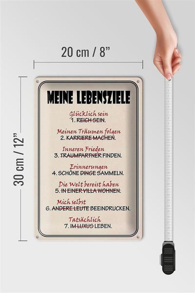 Blechschild Spruch 20x30cm meine Lebensziele glücklich