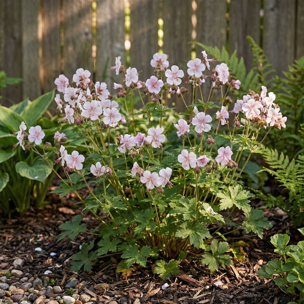 Blühender Storchschnabel Geranium mit hellrosa Blüten in einem Gartenbeet vor einem Holzzaun.