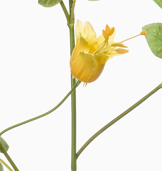 Künstliche Blume mit gelber Blüte, grünen Stielen und Blättern.