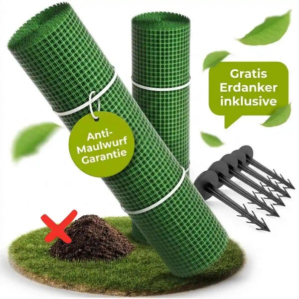 Maulwurfschutznetz als Rolle mit Erdankern für den Garten