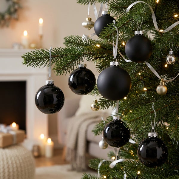 Weihnachtsbaum geschmückt mit matten und glänzenden schwarzen Christbaumkugeln und einer Lichterkette in einem wohnlichen Wohnzimmer.