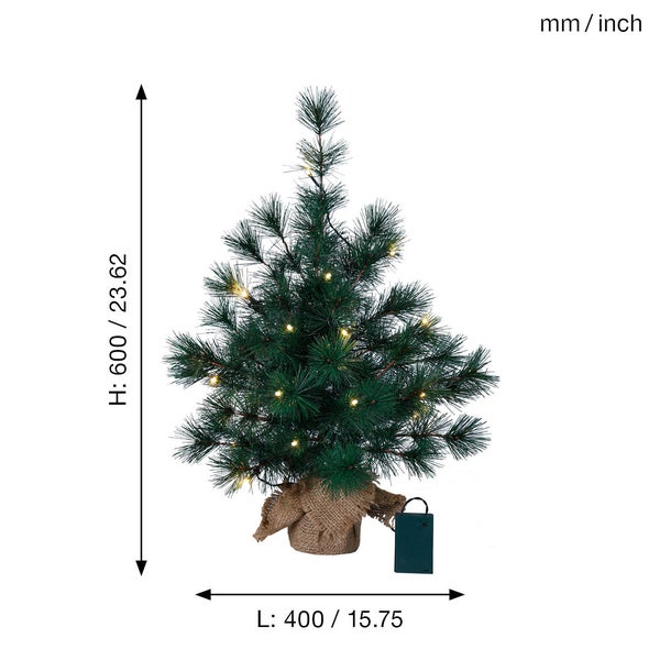 Künstlicher Weihnachtsbaum mit Beleuchtung und Jutesack, Höhe circa 60 Zentimeter