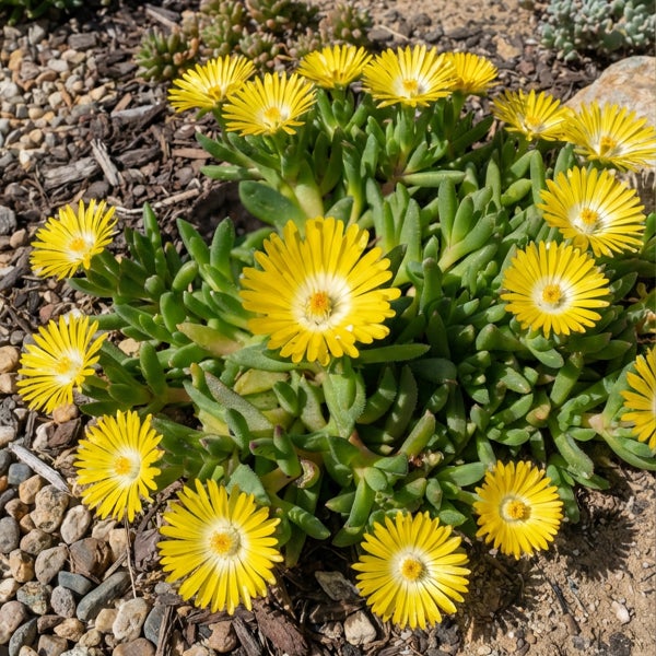 Gelbe Mittagsblume Delosperma mit sukkulenten Blättern in einem Gartenbeet