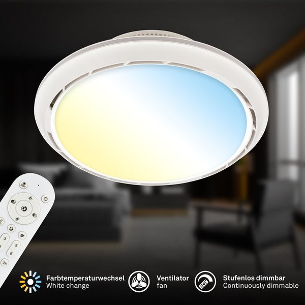 Runde LED-Deckenleuchte mit Ventilator und Fernbedienung, stufenlos dimmbar mit Farbtemperaturwechsel.