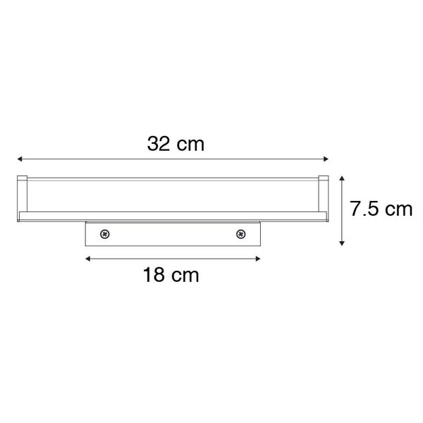 Technische Zeichnung einer Wandleuchte mit den Maßen 32 cm Breite, 7,5 cm Höhe und 18 cm Befestigungsbreite.