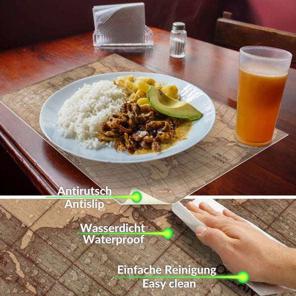 Platzset mit Weltkarten-Motiv auf Holztisch, rutschfest, wasserdicht und leicht zu reinigen durch Abwischen.