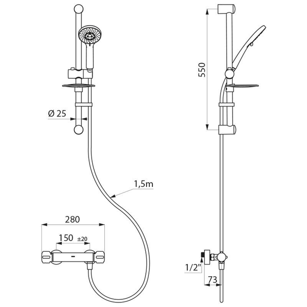 Technische Zeichnung einer Brausegarnitur mit Maßen: Brausestange 550 Millimeter, Brauseschlauch 1,5 Meter, Anschlussmaß 150 Millimeter.