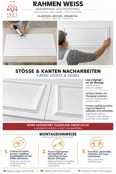 Montageanleitung für dekorative Wandpaneele aus Polystyrol mit Arbeitsschritten für das Auftragen von Kleber und die Verarbeitung der Fugen.