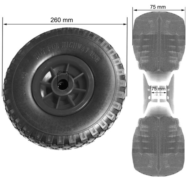 Rad mit den Maßen 260 mm Durchmesser und 20 mm Achsbohrung, nicht für den Einsatz auf Autobahnen geeignet