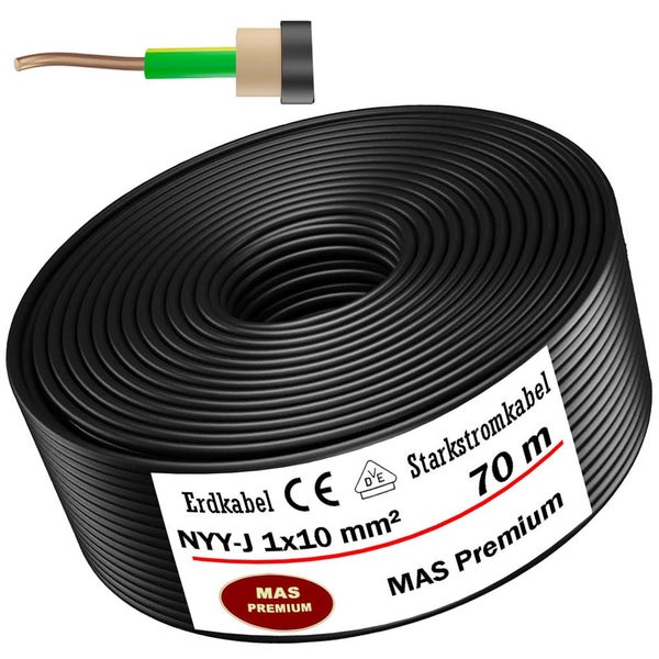 Erdkabel NYY-J 1x10 Quadratmillimeter, Starkstromkabel MAS Premium, 70 Meter Rolle mit Kupferader.