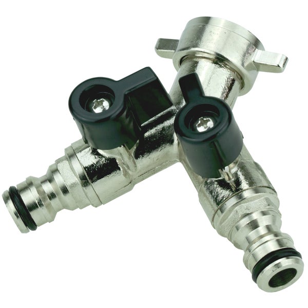 V-GY. Verteiler 2-Wege mit Absperrhähnen 3/4IG - 2x1/2Stutzen für Kupplung (Nikel)