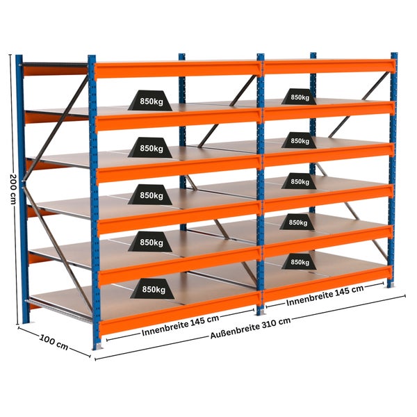 Lagerregal mit fünf Ebenen und einer Traglast von 850 Kilogramm je Ebene