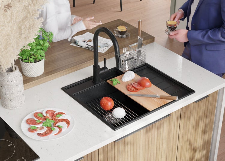 PRIMAGRAN Spülbecken Anthrazit 62x53cm, Granitspüle 1 Becken + Ablauf-Set + Küchenzubehörset, Küchenspüle ab 45er Unterschrank - Sydney Pocket