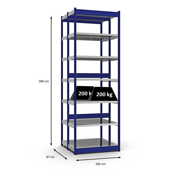 PROREGAL Fachbodenregal Stecksystem Vierkant-Profil Grundregal HxBxT 300 x 102,5 x 40 cm 2x7 Ebenen Doppelseitige Bauart Fachlast 200 kg Enzianblau