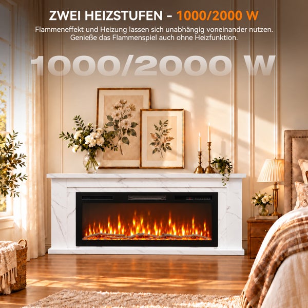 Elektrischer Kamin mit zwei Heizstufen von 1000 oder 2000 Watt und Flammeneffekt, integriert in eine weiße Kaminumrandung mit Marmoroptik.