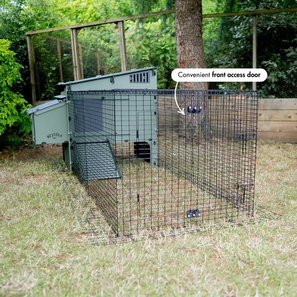 Grüner Nestera Hühnerstall mit schwarzem Drahtauslauf und einer vorderen Zugangstür auf einer Rasenfläche.