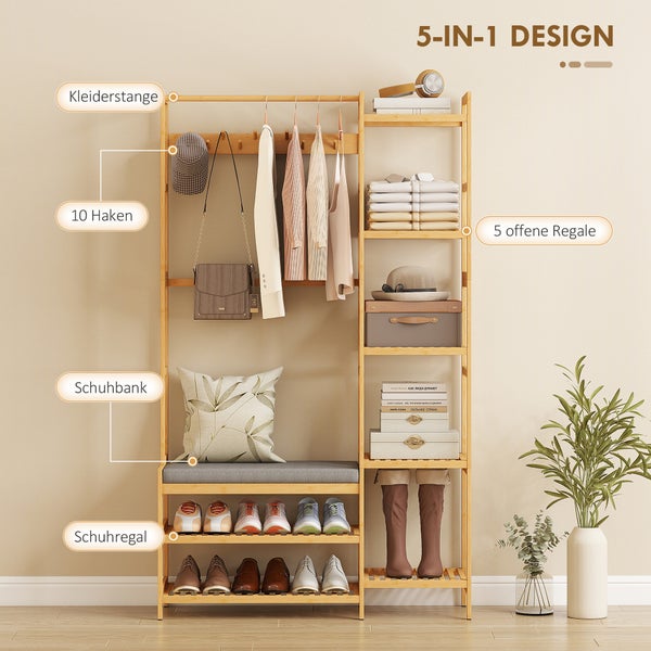 Garderobenständer aus hellem Holz mit Kleiderstange, zehn Haken, gepolsterter Schuhbank, integriertem Schuhregal und fünf seitlichen Regalfächern.