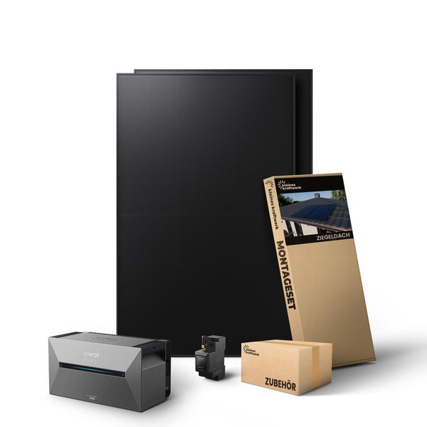 Balkonkraftwerk Komplettset mit zwei Solarmodulen, Anker SOLIX Speicher, Smart Meter, Montageset für Ziegeldächer und Zubehörbox.