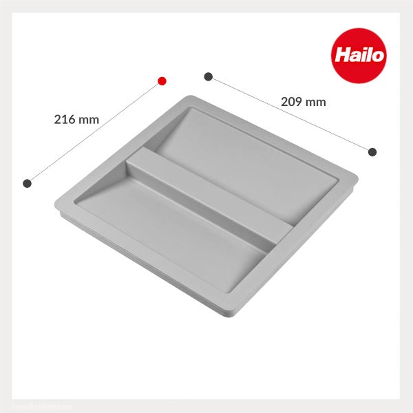 Hailo Logo. Grauer Kunststoffdeckel für Abfalltrennsysteme mit den Maßen 216 Millimeter mal 209 Millimeter.