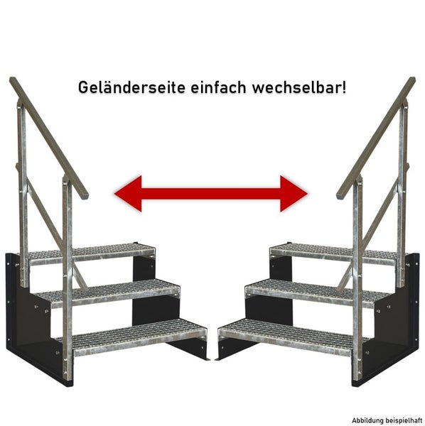 Dreistufige Außentreppe aus verzinktem Stahl mit schwarzer Wange und Geländer, das wahlweise links oder rechts montiert werden kann.