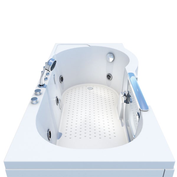 Weisse Badewanne mit Armatur und Duschkopf