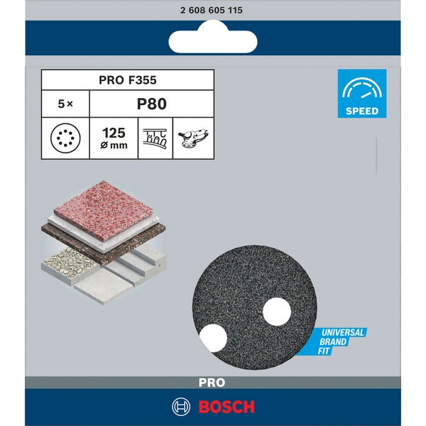 Bosch Fiberscheiben Set PRO F355, Körnung P80, Durchmesser 125 mm, 5 Stück