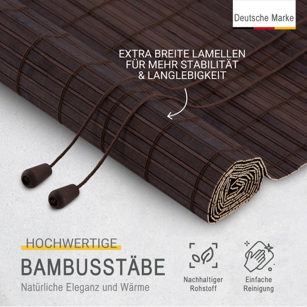 Bambusrollo mit extra breiten Lamellen für Stabilität, nachhaltiger Rohstoff, einfache Reinigung, Deutsche Marke.