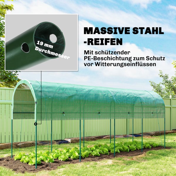 Foliengewächshaus-Tunnel mit 19 Millimeter dicken Stahlreifen und PE-Beschichtung über einer Reihe Salatpflanzen im Garten.