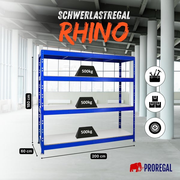 Blaues Schwerlastregal Rhino von Proregal mit vier Holzböden, 180 mal 200 mal 60 Zentimeter, Tragkraft 500 Kilogramm pro Boden, Proregal Logo.