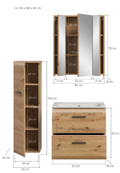 Badezimmermöbel-Set in Eichenoptik mit Hochschrank, Spiegelschrank und Waschbeckenunterschrank. Maße circa 105 x 185 x 46 Zentimeter.