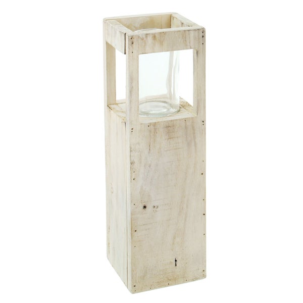 FRANK FLECHTWAREN | Windlichtsäule Shabby-Charme, HOLZ, 15 x 15 x 50 cm, Glas Ø 10 x 15 cm, ohne Kerze