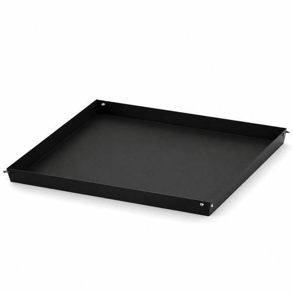 Schwarze, rechteckige Auffangwanne aus Metall mit flachem Rand und Verschraubungen an den Ecken.