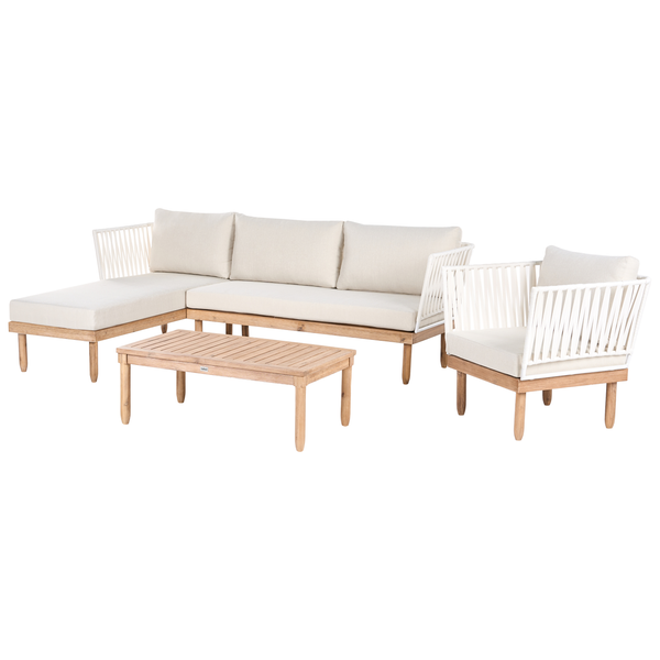 Garten-Lounge-Set bestehend aus Ecksofa, Sessel und Couchtisch, Holzgestelle mit hellen Polstern und Seil-Details an Rücken- und Armlehnen.