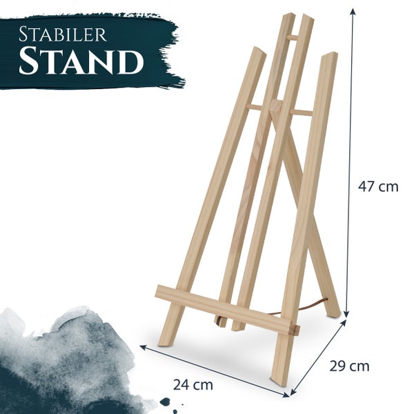 Tischstaffelei aus Holz mit Maßen 47 mal 24 mal 29 Zentimeter für einen stabilen Stand bei Malerarbeiten.