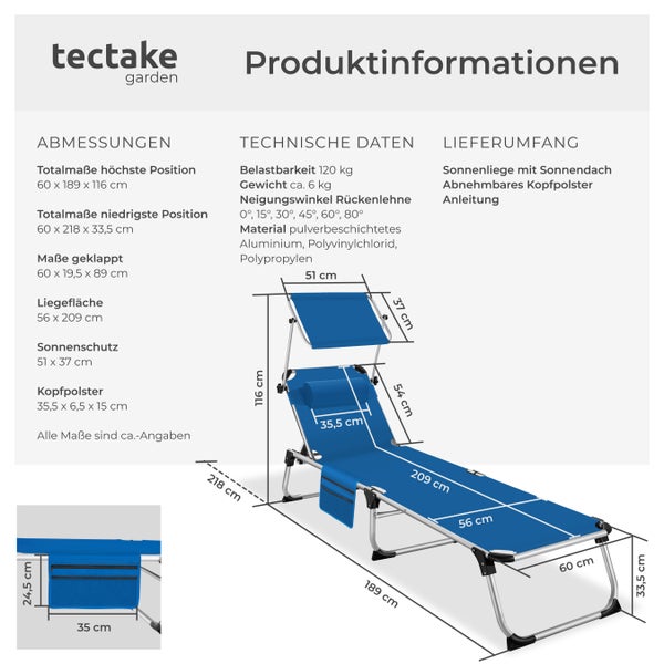 Sonnenliege tectake Aurelie 218 x 60 x 33,5 cm, inkl. Seitentasche  klappbar, mit Kopfkissen blau