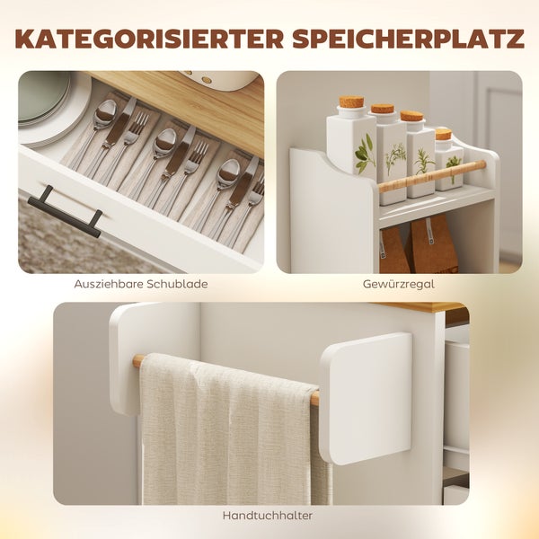 Küchenschrank-Details mit Besteckschublade, Gewürzregal und Handtuchhalter aus Holz und Metall.