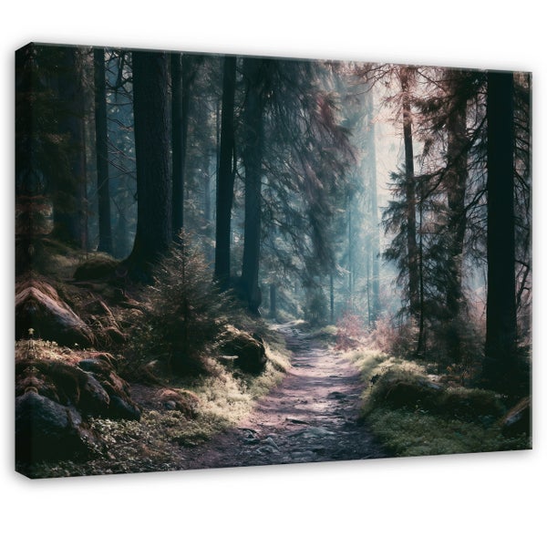 Leinwandbild mit Waldmotiv, atmosphärische Waldlandschaft mit einem Pfad zwischen Bäumen und Felsen als Wanddekoration für den Innenbereich