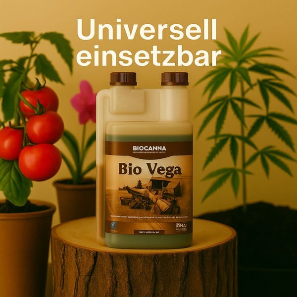 Biocanna Bio Vega Pflanzendünger in einer Flasche auf einem Holzstumpf neben Tomatenpflanzen und einer Hanfpflanze.